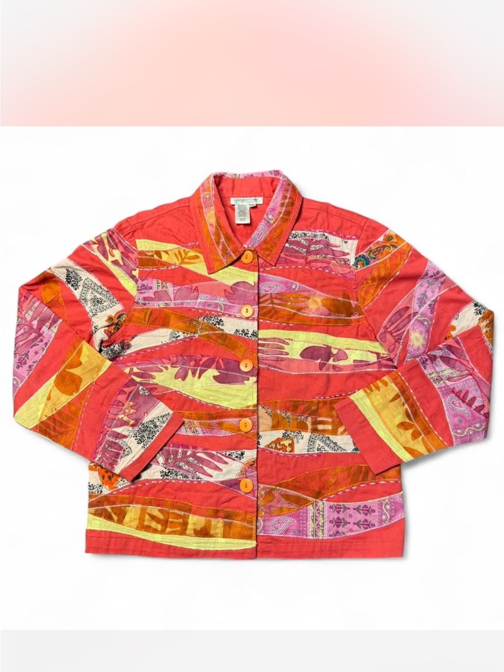 Coldwater Creek Coral Patchwork Jean Jacket with Pink and Yellow Accents